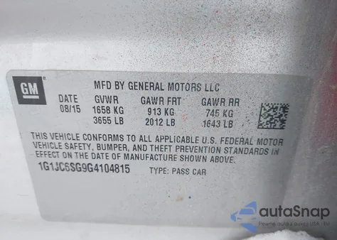 2016 Chevrolet Sonic Lt Auto from USA, damaged, VIN 1G1JC6SG9G4104815